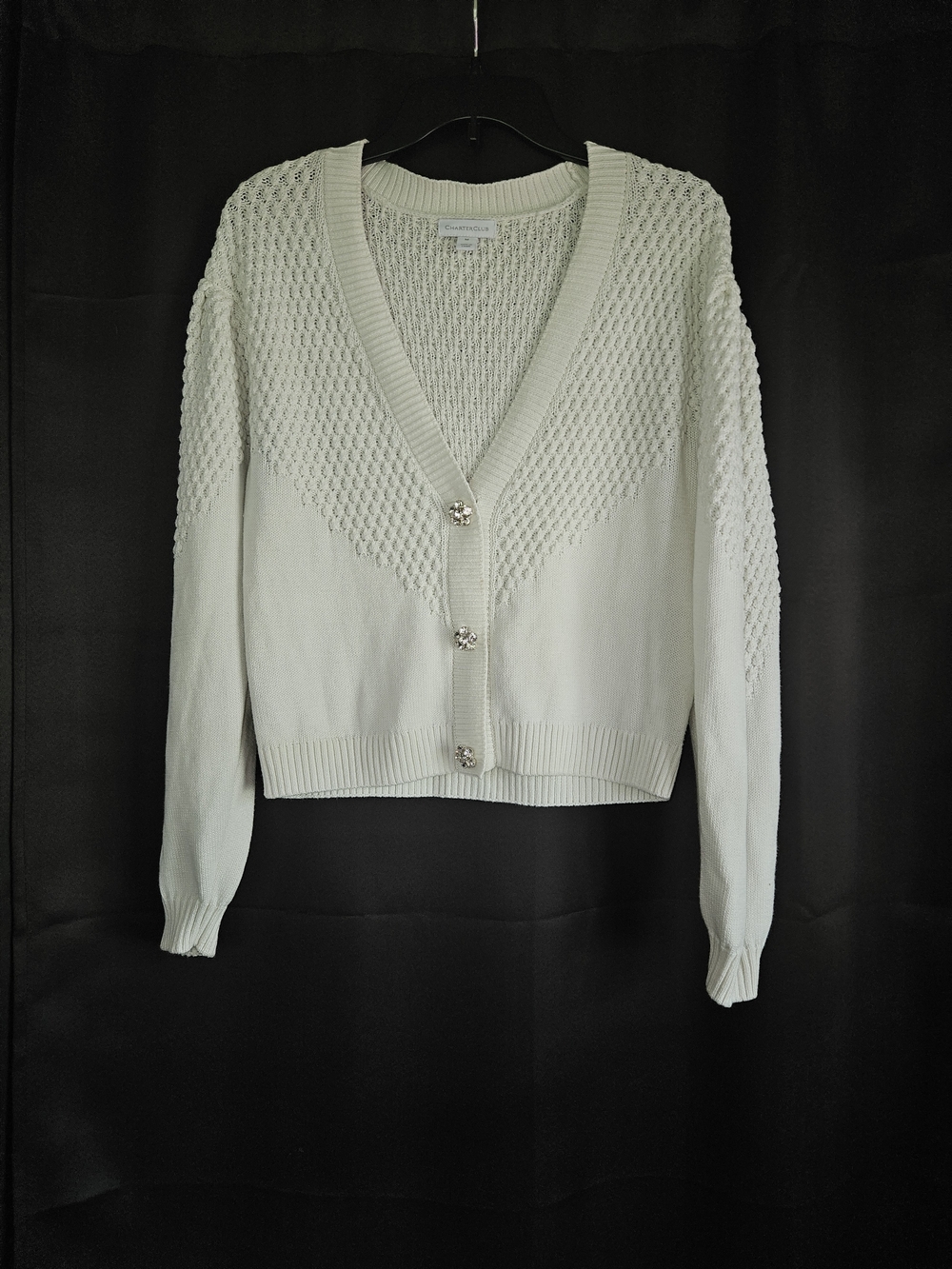 Charter Club Ivory Knit Cotton Blend V-Neck Button Front Cardigan
